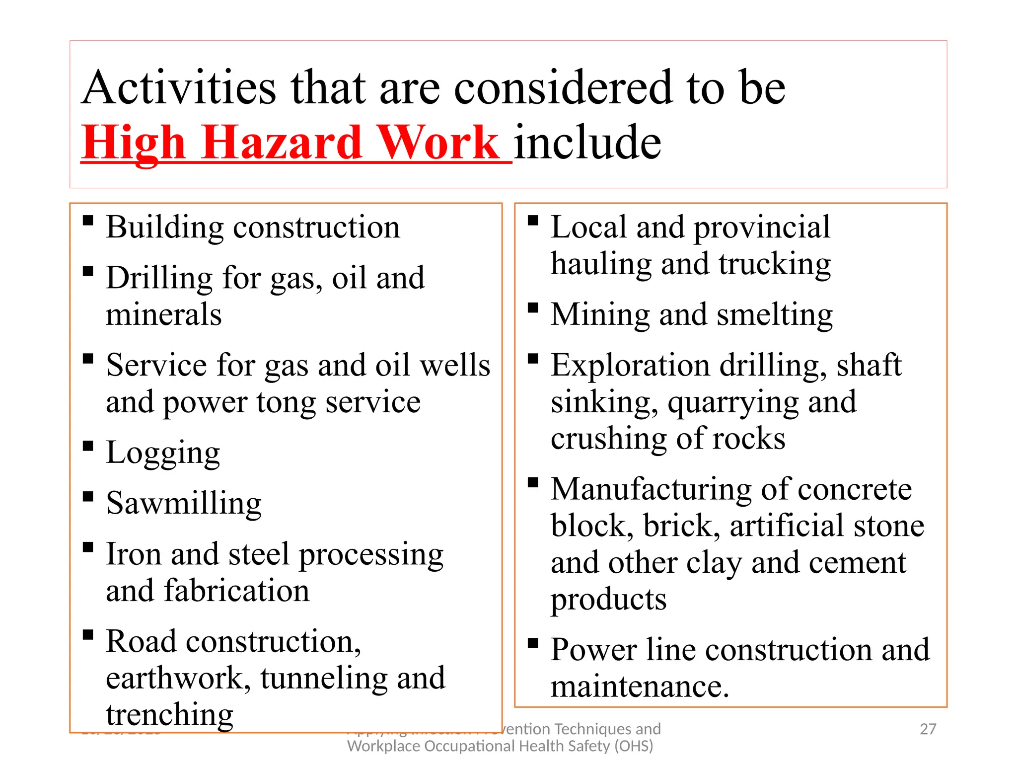 10/28/2025 Applying Infection Prevention Techniques and
Workplace Occupational Health Safety (OHS)
27
Activities that are considered to be
High Hazard Work include
 Building construction
 Drilling for gas, oil and
minerals
 Service for gas and oil wells
and power tong service
 Logging
 Sawmilling
 Iron and steel processing
and fabrication
 Road construction,
earthwork, tunneling and
trenching
 Local and provincial
hauling and trucking
 Mining and smelting
 Exploration drilling, shaft
sinking, quarrying and
crushing of rocks
 Manufacturing of concrete
block, brick, artificial stone
and other clay and cement
products
 Power line construction and
maintenance.
 