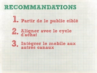 RECOMMANDATIONS

 1. Partir de le public ciblé
 2. d’achat
    Aligner avec le cycle


 3. autres canaux
    Intégrer le mobile aux
 