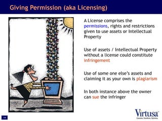 14
Giving Permission (aka Licensing)
A License comprises the
permissions, rights and restrictions
given to use assets or Intellectual
Property
Use of assets / Intellectual Property
without a license could constitute
infringement
Use of some one else’s assets and
claiming it as your own is plagiarism
In both instance above the owner
can sue the infringer
 