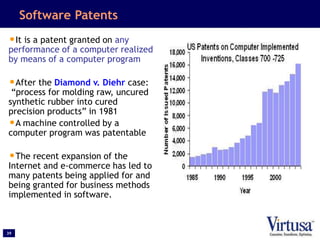 39
Software Patents
•It is a patent granted on any
performance of a computer realized
by means of a computer program
•After the Diamond v. Diehr case:
“process for molding raw, uncured
synthetic rubber into cured
precision products” in 1981
•A machine controlled by a
computer program was patentable
•The recent expansion of the
Internet and e-commerce has led to
many patents being applied for and
being granted for business methods
implemented in software.
 