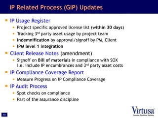 52
IP Related Process (GIP) Updates
• IP Usage Register
• Project specific approved license list (within 30 days)
• Tracking 3rd party asset usage by project team
• Indemnification by approval/signoff by PM, Client
• IPM level 1 integration
• Client Release Notes (amendment)
• Signoff on Bill of materials in compliance with SOX
i.e. include IP encumbrances and 3rd party asset costs
• IP Compliance Coverage Report
• Measure Progress on IP Compliance Coverage
• IP Audit Process
• Spot checks on compliance
• Part of the assurance discipline
 