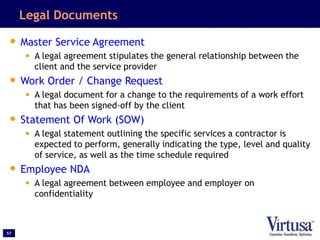 57
Legal Documents
• Master Service Agreement
• A legal agreement stipulates the general relationship between the
client and the service provider
• Work Order / Change Request
• A legal document for a change to the requirements of a work effort
that has been signed-off by the client
• Statement Of Work (SOW)
• A legal statement outlining the specific services a contractor is
expected to perform, generally indicating the type, level and quality
of service, as well as the time schedule required
• Employee NDA
• A legal agreement between employee and employer on
confidentiality
 