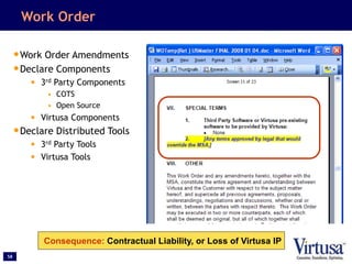 58
Work Order
•Work Order Amendments
•Declare Components
• 3rd Party Components
• COTS
• Open Source
• Virtusa Components
•Declare Distributed Tools
• 3rd Party Tools
• Virtusa Tools
Consequence: Contractual Liability, or Loss of Virtusa IP
 