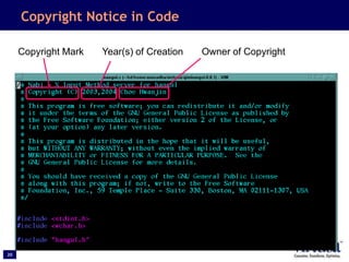 20
Copyright Notice in Code
Copyright Mark Year(s) of Creation Owner of Copyright
 