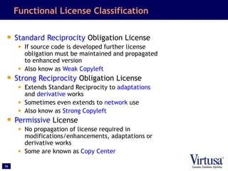 36
Functional License Classification
• Standard Reciprocity Obligation License
• If source code is developed further licen...