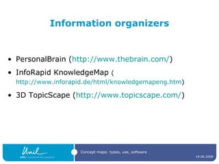 Information organizers <ul><li>PersonalBrain ( http://www.thebrain.com/ ) </li></ul><ul><li>InfoRapid KnowledgeMap  ( http...