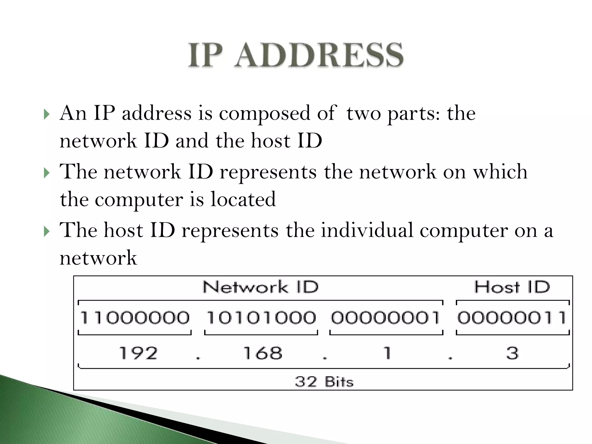  An IP address is composed of two parts: the
network ID and the host ID
 The network ID represents the network on which
the computer is located
 The host ID represents the individual computer on a
network
 