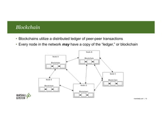 Blockchain
• Blockchains utilize a distributed ledger of peer-peer transactions
• Every node in the network may have a copy of the “ledger,” or blockchain
marshallip.com | 10
 