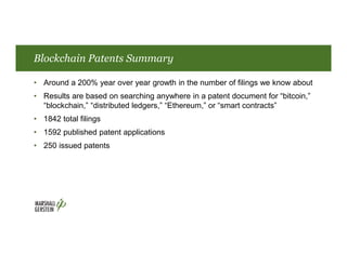 Blockchain Patents Summary
• Around a 200% year over year growth in the number of filings we know about
• Results are based on searching anywhere in a patent document for “bitcoin,”
“blockchain,” “distributed ledgers,” “Ethereum,” or “smart contracts”
• 1842 total filings
• 1592 published patent applications
• 250 issued patents
 
