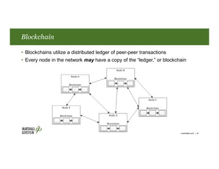 Blockchain
• Blockchains utilize a distributed ledger of peer-peer transactions
• Every node in the network may have a cop...