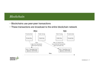 Blockchain
• Blockchains use peer-peer transactions
• These transactions are broadcast to the entire blockchain network
ma...