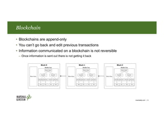 Blockchain
• Blockchains are append-only
• You can’t go back and edit previous transactions
• Information communicated on ...