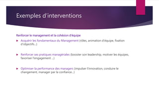 Exemples d’interventions
Renforcer le management et la cohésion d'équipe
 Acquérir les fondamentaux du Management (rôles, animation d'équipe, fixation
d'objectifs...)
 Renforcer ses pratiques managériales (booster son leadership, motiver les équipes,
favoriser l'engagement ...)
 Optimiser la performance des managers (impulser l'innovation, conduire le
changement, manager par la confiance...)
 