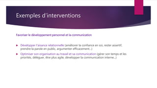 Exemples d’interventions
Favoriser le développement personnel et la communication
 Développer l'aisance relationnelle (améliorer la confiance en soi, rester assertif,
prendre la parole en public, argumenter efficacement...)
 Optimiser son organisation au travail et sa communication (gérer son temps et les
priorités, déléguer, être plus agile, développer la communication interne...)
 
