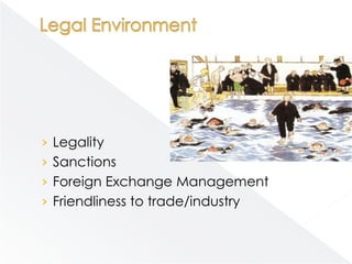 › Legality
› Sanctions
› Foreign Exchange Management
› Friendliness to trade/industry
 