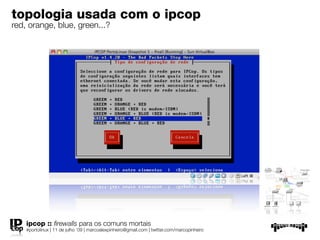 topologia usada com o ipcop
red, orange, blue, green...?




    ipcop :: ﬁrewalls para os comuns mortais
    #portolinux | 11 de julho ’09 | marcoalexpinheiro@gmail.com | twitter.com/marcopinheiro
 