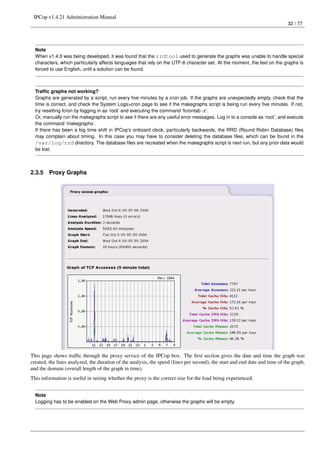 IPCop v1.4.21 Administration Manual
                                                                                                                             32 / 77




  Note
  When v1.4.0 was being developed, it was found that the rrdtool used to generate the graphs was unable to handle special
  characters, which particularly affects languages that rely on the UTF-8 character set. At the moment, the text on the graphs is
  forced to use English, until a solution can be found.



  Trafﬁc graphs not working?
  Graphs are generated by a script, run every ﬁve minutes by a cron job. If the graphs are unexpectedly empty, check that the
  time is correct, and check the System Logs>cron page to see if the makegraphs script is being run every ﬁve minutes. If not,
  try resetting fcron by logging in as ‘root’ and executing the command ‘fcrontab -z’.
  Or, manually run the makegraphs script to see if there are any useful error messages. Log in to a console as ‘root’, and execute
  the command ‘makegraphs’.
  If there has been a big time shift in IPCop’s onboard clock, particularly backwards, the RRD (Round Robin Database) ﬁles
  may complain about timing. In this case you may have to consider deleting the database ﬁles, which can be found in the
  /var/log/rrd directory. The database ﬁles are recreated when the makegraphs script is next run, but any prior data would
  be lost.



2.3.5    Proxy Graphs




This page shows trafﬁc through the proxy service of the IPCop box. The ﬁrst section gives the date and time the graph was
created, the lines analyzed, the duration of the analysis, the speed (lines per second), the start and end date and time of the graph,
and the domain (overall length of the graph in time).
This information is useful in seeing whether the proxy is the correct size for the load being experienced.


  Note
  Logging has to be enabled on the Web Proxy admin page, otherwise the graphs will be empty.
 