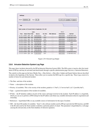 IPCop v1.4.21 Administration Manual
                                                                                                                              70 / 77




                                                 Figure 2.39: Firewall Log Output


2.8.6    Intrusion Detection System Log Page

This page shows incidents detected by the IPCop Intrusion Detection System (IDS). The IDS system is inactive after ﬁrst instal-
lation of IPCop, and may be activated (and deactivated) through a speciﬁc administration page (Services > Intrusion Detection).
The controls on this page are the basic Month, Day, « (Day before), » (Day after), Update and Export buttons that are described
in detail at the beginning of this Section. These allow you to examine the IDS Logs for a speciﬁc day. These Logs consist of a
number of items for each detected incident:

• The Date: and time of the incident.

• Name: - a description of the incident.
• Priority: (if available). This is the severity of the incident, graded as 1 ("bad"), 2 ("not too bad"), & 3 ("possibly bad").
• Type: - a general description of the incident (if available).

• IP Info: - the IP identities (address & port) of the source and target involved in the incident. Each IP address is a hyperlink,
  which you can use to perform a DNS lookup for that IP address and obtain any available information about its registration and
  ownership.
• References: - hyperlinked URLs to any available sources of information for this type of incident.

• SID: - the Snort ID number (if available). "Snort" is the software module used by IPCop to provide the IDS function, and SID
  is the ID code used by the Snort module to identify a particular pattern of attack. This parameter is hyperlinked to a web page
  carrying the relevant entry on the Snort database of intrusion signatures.
 