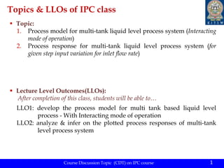 1
Topics & LLOs of IPC class
 Topic:
1. Process model for multi-tank liquid level process system (Interacting
mode of operation)
2. Process response for multi-tank liquid level process system (for
given step input variation for inlet flow rate)
 Lecture Level Outcomes(LLOs):
After completion of this class, students will be able to…
LLO1: develop the process model for multi tank based liquid level
process - With Interacting mode of operation
LLO2: analyze & infer on the plotted process responses of multi-tank
level process system
Course Discussion Topic (CDT) on IPC course
 