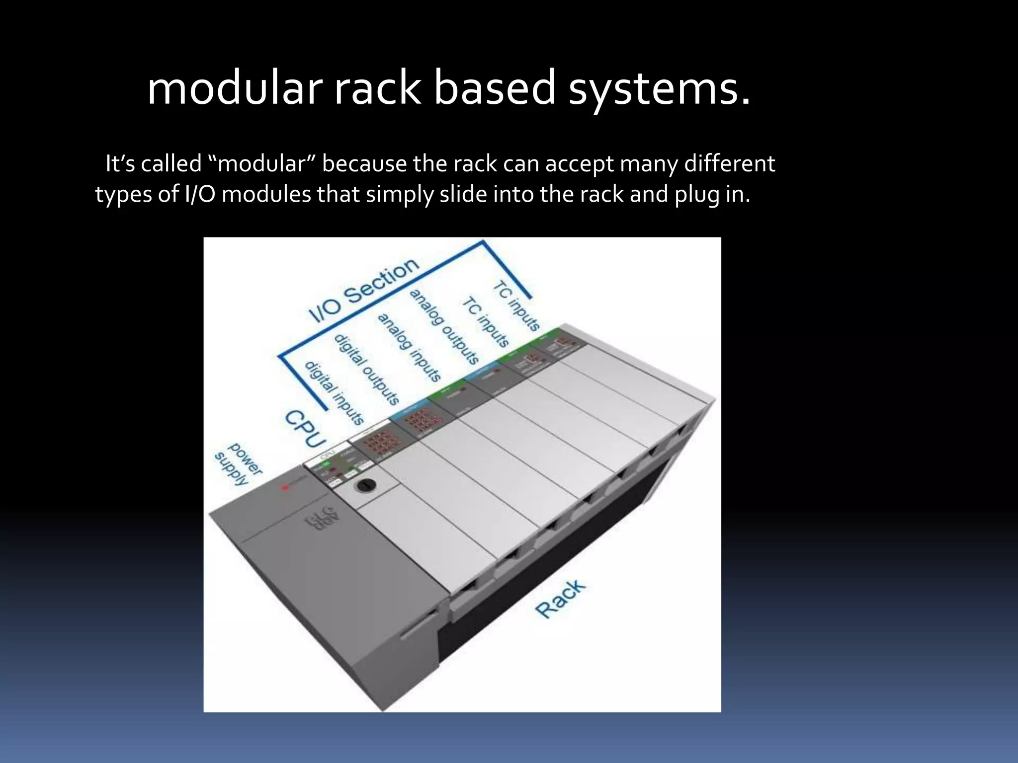 modular rack based systems.
It’s called “modular” because the rack can accept many different
types of I/O modules that simply slide into the rack and plug in.
 