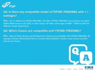 Q3: Is there any compatible model of FSP500-70RGHBB1 with + / -
wattages?
Ans.: Yes. In addition to FSP500-70RGHBB1, FSP offers FSP400-70RGHBB1 now and plans to release
600W/700W version at Q1 2016. In other words, FSP offers wide range of 400W ~ 700W to fulfill the
different market requirement.
Q4: Which Chassis are compatible with FSP500-70RGHBB1?
Ans.: Most of Tower Servers and 4U Rack Server Chassis are compatible with FSP500-70RGHBB1, for
example, Chenbro SR105/SR107/SR112, Chenbro RM413/RM423. Chieftec Tower Server and 3/4U
Rack Server Chassis.
 