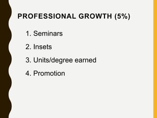 PROFESSIONAL GROWTH (5%)
1. Seminars
2. Insets
3. Units/degree earned
4. Promotion
 
