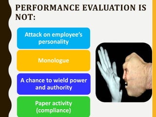 PERFORMANCE EVALUATION IS
NOT:
Attack on employee’s
personality
Monologue
A chance to wield power
and authority
Paper activity
(compliance)
 