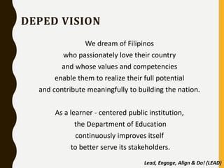 DEPED VISION
We dream of Filipinos
who passionately love their country
and whose values and competencies
enable them to re...