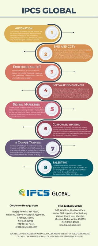 Digital Marketing
There is an ever increasing growth in the number of
people building a career in the digital marketing sector
and to be number one in the race for a better career in
the field one needs to be in front with the latest changes
in the field. Here is where the demand for digital
marketing courses arise
In Campus Training
College Workshops or seminars usually
involve an IPCS Technical Staff presenting
the future & scope of various Technologies
that we are into, or the development of a
skill, or related to the course of study
IPCS GLOBAL
Automation
The Training Programs that we provide are
the latest in technological advancements
trends to challenge in the immensely
competitive areas of PLC, SCADA, DCS, HMI,
VFD, Panel Design & Electrical Controls.
Embedded and IoT
Embedded is a microcontroller-
based computer hardware system
that performs a dedicated function
with software support.
BMS AND CCTV
BMS is a computer-based control system installed
in buildings that controls and monitors the
building’s mechanical and electrical equipment
such as CCTV, Access Control, ventilation, lighting,
power systems, fire systems, and security systems.
1
3
5
7
2
Software Development
Indian Information technology is a fast growing
industry that has the highest contribution to the
economic development of the country. For an IT
professional, there are infinite opportunities and
industries in which they can venture for the jobs.
4
Corporate training
It’s the process of training the company staff to
achieve specific skills which would improve the
company's outcome. The company needs to identify
the sector at which the staff needs to be trained on
first for setting a training program.
6
TALENTINO
The Placement Cell organizes career
guidance programs for all the students. The
cell arranges training programs like Mock
Interviews, Group Discussions,
Communication Skills workshops, etc.
8
Global
KOCHI CALICUT TRIVANDRUM ATTINGAL KOLLAM KANNUR THRISSUR DUBAI COIMBATORE
CHENNAI TAMBARAM TRICHY SALEM HYDERABAD MUMBAI PUNE SILIGURI
Beejay Towers, 4th Floor,
Rajaji Rd, above Pittappillil Agencies,
Shenoys, Kochi,
Kerala 682035
+91 98467 70771
Info@ipcsglobal.com
609, 6th floor, Real tech Park,
sector 30A opposite Vashi railway
station, Vashi, Navi Mumbai,
Mumbai, Maharashtra 400703
+91 99300 46664
Info@ipcsglobal.com
Corporate Headquarters IPCS Global Mumbai
 