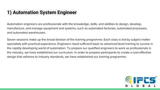 1) Automation System Engineer
Automation engineers are professionals with the knowledge, skills, and abilities to design, develop,
manufacture, and manage equipment and systems, such as automated factories, automated processes,
and automated warehouses.
Seven sessions make up the broad division of the training programme. Each class is led by subject matter
specialists with practical experience. Engineers need sufficient basic to advanced level training to survive in
the rapidly developing world of automation. To prepare our qualified engineers to work as professionals in
the industry, we have established our curriculum. In order to prepare participants to create a cost-effective
design that adheres to industry standards, we have established our training programme.
 