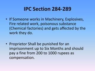 IPC Section 284-289
• If Someone works in Machinery, Explosives,
Fire related work, poisonous substance
(Chemical factories) and gets affected by the
work they do.
• Proprietor Shall be punished for an
imprisonment up to Six Months and should
pay a fine from 200 to 1000 rupees as
compensation.
 