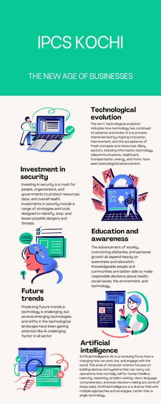 IPCSKOCHI
THENEWAGEOFBUSINESSES
Technological
evolution
The term "technological evolution"
indicates how technology has continued
to advance and evolve. It is a process
characterized by ongoing innovation,
improvement, and the acceptance of
fresh concepts and resources. Many
sectors, including information technology,
telecommunications, healthcare,
transportation, energy, and more, have
seen technological advancement.
Investment in
security
Investing in security is a must for
people, organizations, and
governments to protect resources,
data, and overall health.
Investments in security include a
range of strategies and tools
designed to identify, stop, and
lessen possible dangers and
threats.
Education and
awareness
The advancement of society,
overcoming obstacles, and personal
growth all depend heavily on
awareness and education.
Knowledgeable people and
communities are better able to make
responsible decisions about health,
social issues, the environment, and
technology.
Future
trends
Predicting future trends in
technology is challenging, but
several emerging technologies
and shifts in the technological
landscape have been gaining
attention like Ai challenging
factor in all sector
Artificial
intelligence
Artificial Intelligence (AI) is an amazing force that is
changing how we work, live, and engage with the
world. This area of computer science focuses on
building devices and systems that can carry out
operations that normally call for human intellect.
Learning, reasoning, problem-solving, vision, language
comprehension, and even decision-making are some of
these tasks. Artificial Intelligence is a diverse field with
multiple approaches and strategies, rather than a
single technology.
 