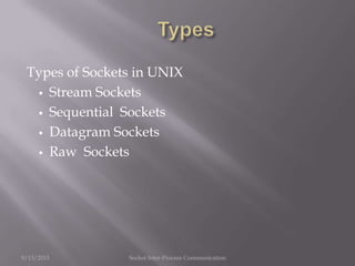 Types of Sockets in UNIX
 Stream Sockets
 Sequential Sockets
 Datagram Sockets
 Raw Sockets
9/13/2013 Socket Inter-Process Communication
 