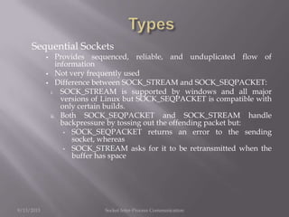 Sequential Sockets
 Provides sequenced, reliable, and unduplicated flow of
information
 Not very frequently used
 Difference between SOCK_STREAM and SOCK_SEQPACKET:
i. SOCK_STREAM is supported by windows and all major
versions of Linux but SOCK_SEQPACKET is compatible with
only certain builds.
ii. Both SOCK_SEQPACKET and SOCK_STREAM handle
backpressure by tossing out the offending packet but:
• SOCK_SEQPACKET returns an error to the sending
socket, whereas
• SOCK_STREAM asks for it to be retransmitted when the
buffer has space
9/13/2013 Socket Inter-Process Communication
 