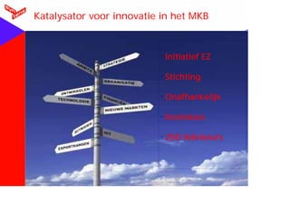 Voettekst 30-09-10
Katalysator voor innovatie in het MKB
•
Initiatief EZ
•
Stichting
•
Onafhankelijk
•
Kosteloos
•
250 Adviseurs
 