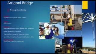 Arrigoni Bridge
PROJECT
Inspection of suspender cables and Pins
CLIENT
AI Engineers
IPC ROLE
Special Assessment: 10 year detailed NDT inspection
Bridge Hanger Pin – Ultrasonic
Magnetic Flux Leakage of Suspender Cables
Laser Vibrometery to calculate tensile load on cables
Problem solved
Met 10 year inspection requirement
Through Arch Bridge
 