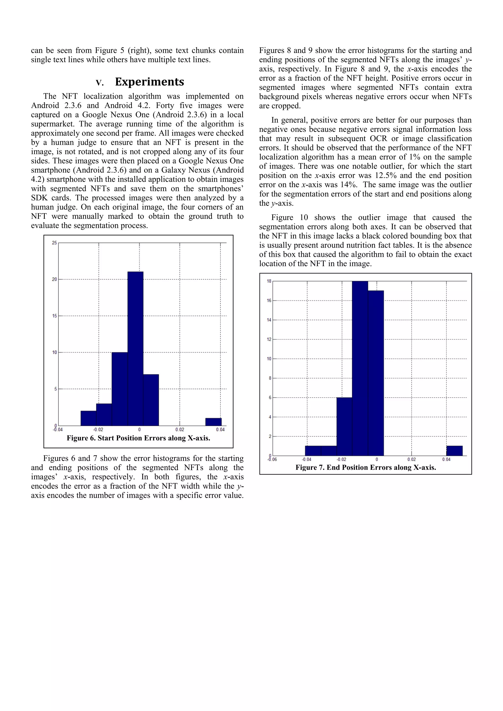 can be seen from Figure 5 (right), some text chunks contain
single text lines while others have multiple text lines.
V. Experiments
The NFT localization algorithm was implemented on
Android 2.3.6 and Android 4.2. Forty five images were
captured on a Google Nexus One (Android 2.3.6) in a local
supermarket. The average running time of the algorithm is
approximately one second per frame. All images were checked
by a human judge to ensure that an NFT is present in the
image, is not rotated, and is not cropped along any of its four
sides. These images were then placed on a Google Nexus One
smartphone (Android 2.3.6) and on a Galaxy Nexus (Android
4.2) smartphone with the installed application to obtain images
with segmented NFTs and save them on the smartphones’
SDK cards. The processed images were then analyzed by a
human judge. On each original image, the four corners of an
NFT were manually marked to obtain the ground truth to
evaluate the segmentation process.
Figures 6 and 7 show the error histograms for the starting
and ending positions of the segmented NFTs along the
images’ x-axis, respectively. In both figures, the x-axis
encodes the error as a fraction of the NFT width while the y-
axis encodes the number of images with a specific error value.
Figures 8 and 9 show the error histograms for the starting and
ending positions of the segmented NFTs along the images’ y-
axis, respectively. In Figure 8 and 9, the x-axis encodes the
error as a fraction of the NFT height. Positive errors occur in
segmented images where segmented NFTs contain extra
background pixels whereas negative errors occur when NFTs
are cropped.
In general, positive errors are better for our purposes than
negative ones because negative errors signal information loss
that may result in subsequent OCR or image classification
errors. It should be observed that the performance of the NFT
localization algorithm has a mean error of 1% on the sample
of images. There was one notable outlier, for which the start
position on the x-axis error was 12.5% and the end position
error on the x-axis was 14%. The same image was the outlier
for the segmentation errors of the start and end positions along
the y-axis.
Figure 10 shows the outlier image that caused the
segmentation errors along both axes. It can be observed that
the NFT in this image lacks a black colored bounding box that
is usually present around nutrition fact tables. It is the absence
of this box that caused the algorithm to fail to obtain the exact
location of the NFT in the image.
Figure 6. Start Position Errors along X-axis.
Figure 7. End Position Errors along X-axis.
 