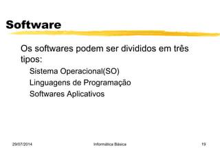 29/07/2014 Informática Básica 19
Software
Os softwares podem ser divididos em três
tipos:
Sistema Operacional(SO)
Linguagens de Programação
Softwares Aplicativos
 