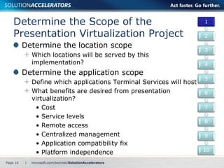 Determine the Scope of the 
Presentation Virtualization Project 
Determine the location scope 
Which locations will be served by this 
implementation? 
Determine the application scope 
Define which applications Terminal Services will host 
What benefits are desired from presentation 
virtualization? 
• Cost 
• Service levels 
• Remote access 
• Centralized management 
• Application compatibility fix 
• Platform independence 
Page 10 | 
1 
2 
3 
4 
5 
6 
7 
8 
9 
10 
 