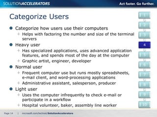 Categorize Users 
Categorize how users use their computers 
Helps with factoring the number and size of the terminal 
servers 
Heavy user 
Has specialized applications, uses advanced application 
features, and spends most of the day at the computer 
Graphic artist, engineer, developer 
Normal user 
Frequent computer use but runs mostly spreadsheets, 
e-mail client, and word-processing applications 
Administrative assistant, salesperson, producer 
Light user 
Uses the computer infrequently to check e-mail or 
participate in a workflow 
Hospital volunteer, baker, assembly line worker 
Page 14 | 
1 
2 
3 
4 
5 
6 
7 
8 
9 
10 
 