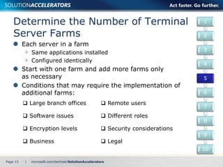 Determine the Number of Terminal 
Server Farms 
Each server in a farm 
Same applications installed 
Configured identically 
Start with one farm and add more farms only 
as necessary 
Conditions that may require the implementation of 
additional farms: 
Page 15 | 
1 
2 
3 
4 
5 
6 
7 
8 
9 
10 
 Large branch offices  Remote users 
 Software issues  Different roles 
 Encryption levels  Security considerations 
 Business  Legal 
 