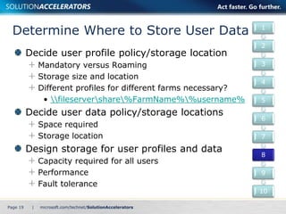 Determine Where to Store User Data 
Decide user profile policy/storage location 
Mandatory versus Roaming 
Storage size and location 
Different profiles for different farms necessary? 
• fileservershare%FarmName%%username% 
Decide user data policy/storage locations 
Space required 
Storage location 
Design storage for user profiles and data 
Capacity required for all users 
Performance 
Fault tolerance 
Page 19 | 
1 
2 
3 
4 
5 
6 
7 
8 
9 
10 
 