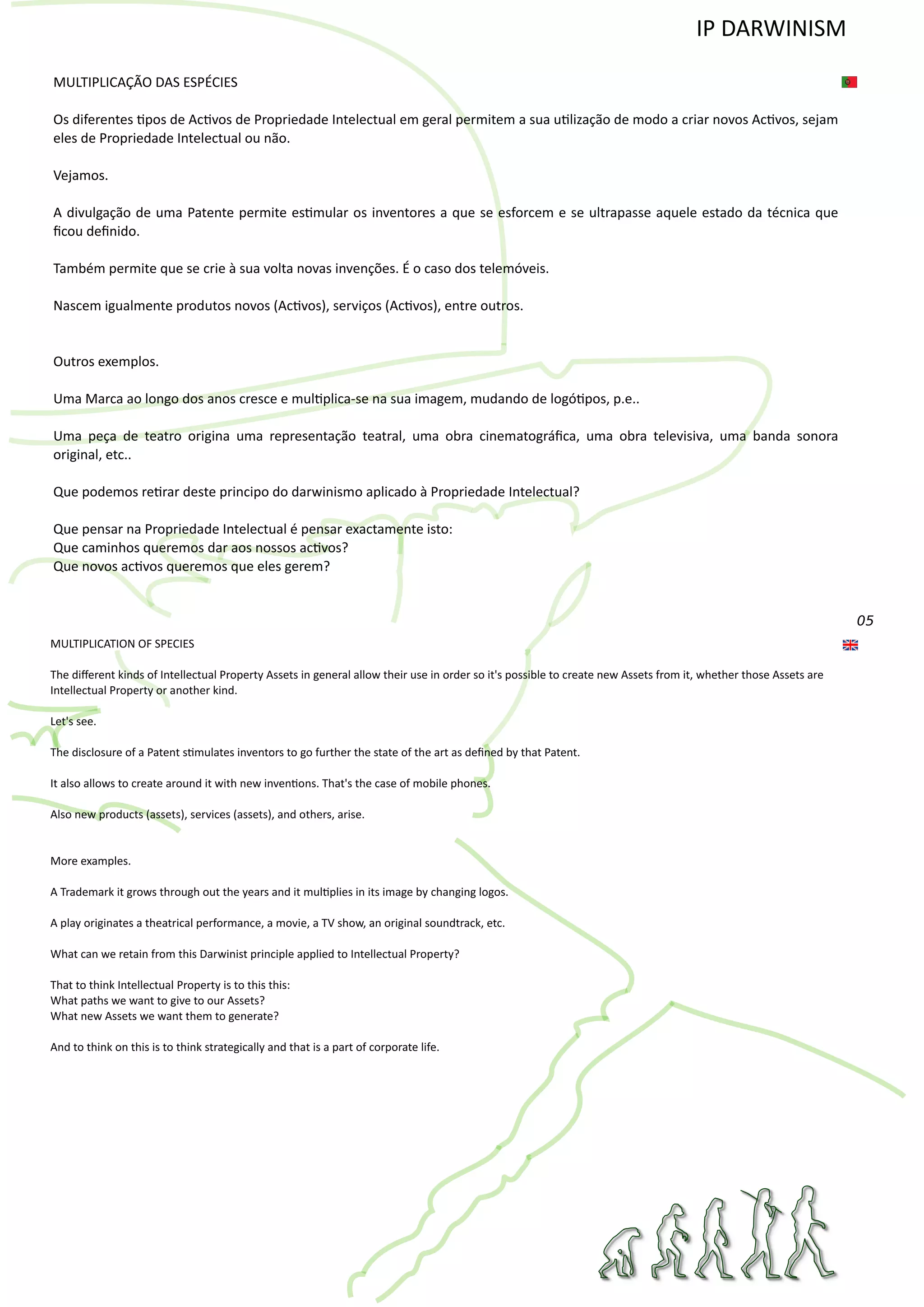 05
MULTIPLICAÇÃO DAS ESPÉCIES
Os diferentes �pos de Ac�vos de Propriedade Intelectual em geral permitem a sua u�lização de modo a criar novos Ac�vos, sejam
eles de Propriedade Intelectual ou não.
Vejamos.
A divulgação de uma Patente permite es�mular os inventores a que se esforcem e se ultrapasse aquele estado da técnica que
ﬁcou deﬁnido.
Também permite que se crie à sua volta novas invenções. É o caso dos telemóveis.
Nascem igualmente produtos novos (Ac�vos), serviços (Ac�vos), entre outros.
Outros exemplos.
Uma Marca ao longo dos anos cresce e mul�plica‐se na sua imagem, mudando de logó�pos, p.e..
Uma peça de teatro origina uma representação teatral, uma obra cinematográﬁca, uma obra televisiva, uma banda sonora
original, etc..
Que podemos re�rar deste principo do darwinismo aplicado à Propriedade Intelectual?
Que pensar na Propriedade Intelectual é pensar exactamente isto:
Que caminhos queremos dar aos nossos ac�vos?
Que novos ac�vos queremos que eles gerem?
MULTIPLICATION OF SPECIES
The diﬀerent kinds of Intellectual Property Assets in general allow their use in order so it's possible to create new Assets from it, whether those Assets are
Intellectual Property or another kind.
Let's see.
The disclosure of a Patent s�mulates inventors to go further the state of the art as deﬁned by that Patent.
It also allows to create around it with new inven�ons. That's the case of mobile phones.
Also new products (assets), services (assets), and others, arise.
More examples.
A Trademark it grows through out the years and it mul�plies in its image by changing logos.
A play originates a theatrical performance, a movie, a TV show, an original soundtrack, etc.
What can we retain from this Darwinist principle applied to Intellectual Property?
That to think Intellectual Property is to this this:
What paths we want to give to our Assets?
What new Assets we want them to generate?
And to think on this is to think strategically and that is a part of corporate life.
IP DARWINISM
 