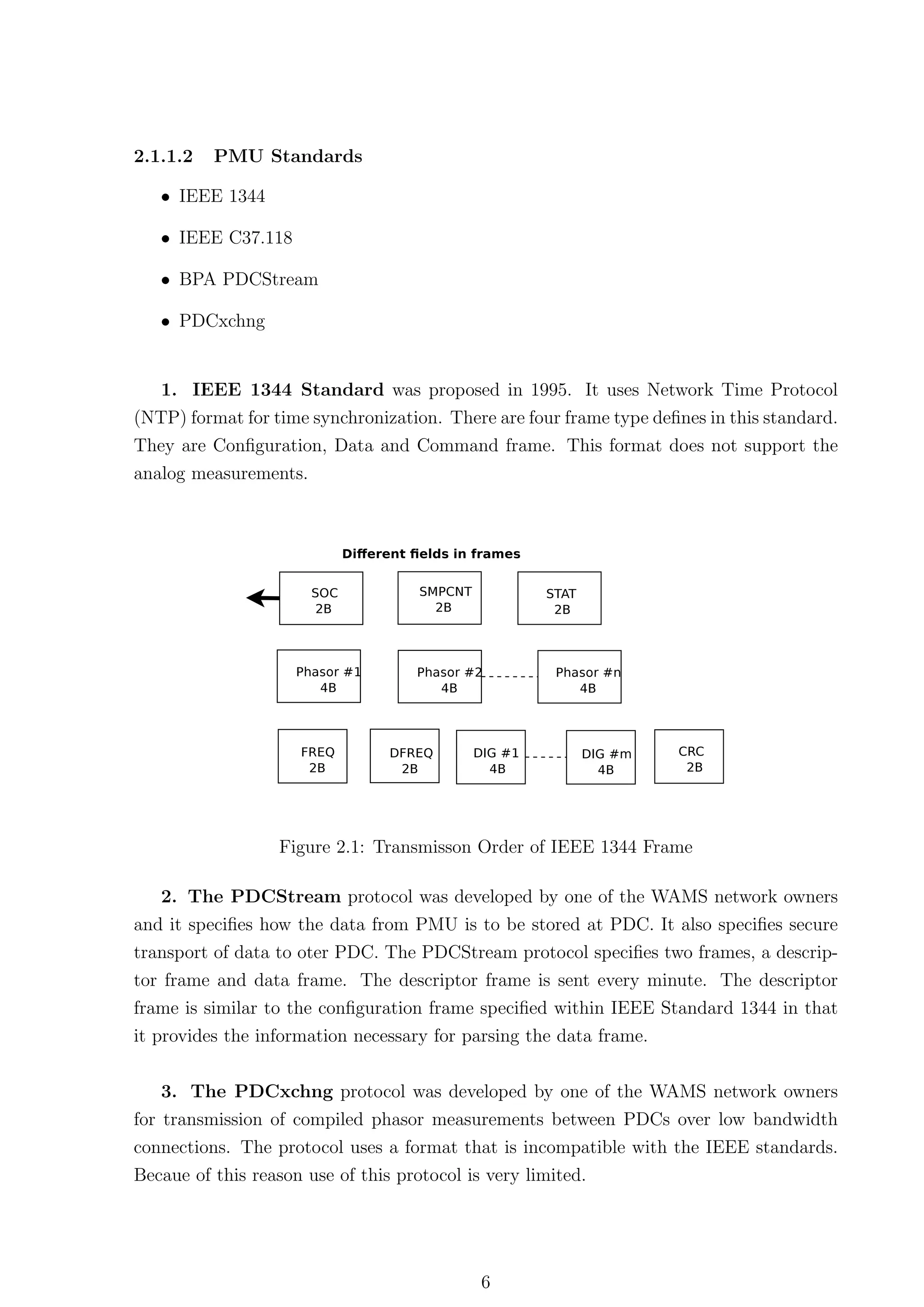 2.1.1.2   PMU Standards

   • IEEE 1344

   • IEEE C37.118

   • BPA PDCStream

   • PDCxchng


   1. IEEE 1344 Standard was proposed in 1995. It uses Network Time Protocol
(NTP) format for time synchronization. There are four frame type deﬁnes in this standard.
They are Conﬁguration, Data and Command frame. This format does not support the
analog measurements.




                  Figure 2.1: Transmisson Order of IEEE 1344 Frame

   2. The PDCStream protocol was developed by one of the WAMS network owners
and it speciﬁes how the data from PMU is to be stored at PDC. It also speciﬁes secure
transport of data to oter PDC. The PDCStream protocol speciﬁes two frames, a descrip-
tor frame and data frame. The descriptor frame is sent every minute. The descriptor
frame is similar to the conﬁguration frame speciﬁed within IEEE Standard 1344 in that
it provides the information necessary for parsing the data frame.

    3. The PDCxchng protocol was developed by one of the WAMS network owners
for transmission of compiled phasor measurements between PDCs over low bandwidth
connections. The protocol uses a format that is incompatible with the IEEE standards.
Becaue of this reason use of this protocol is very limited.




                                           6
 