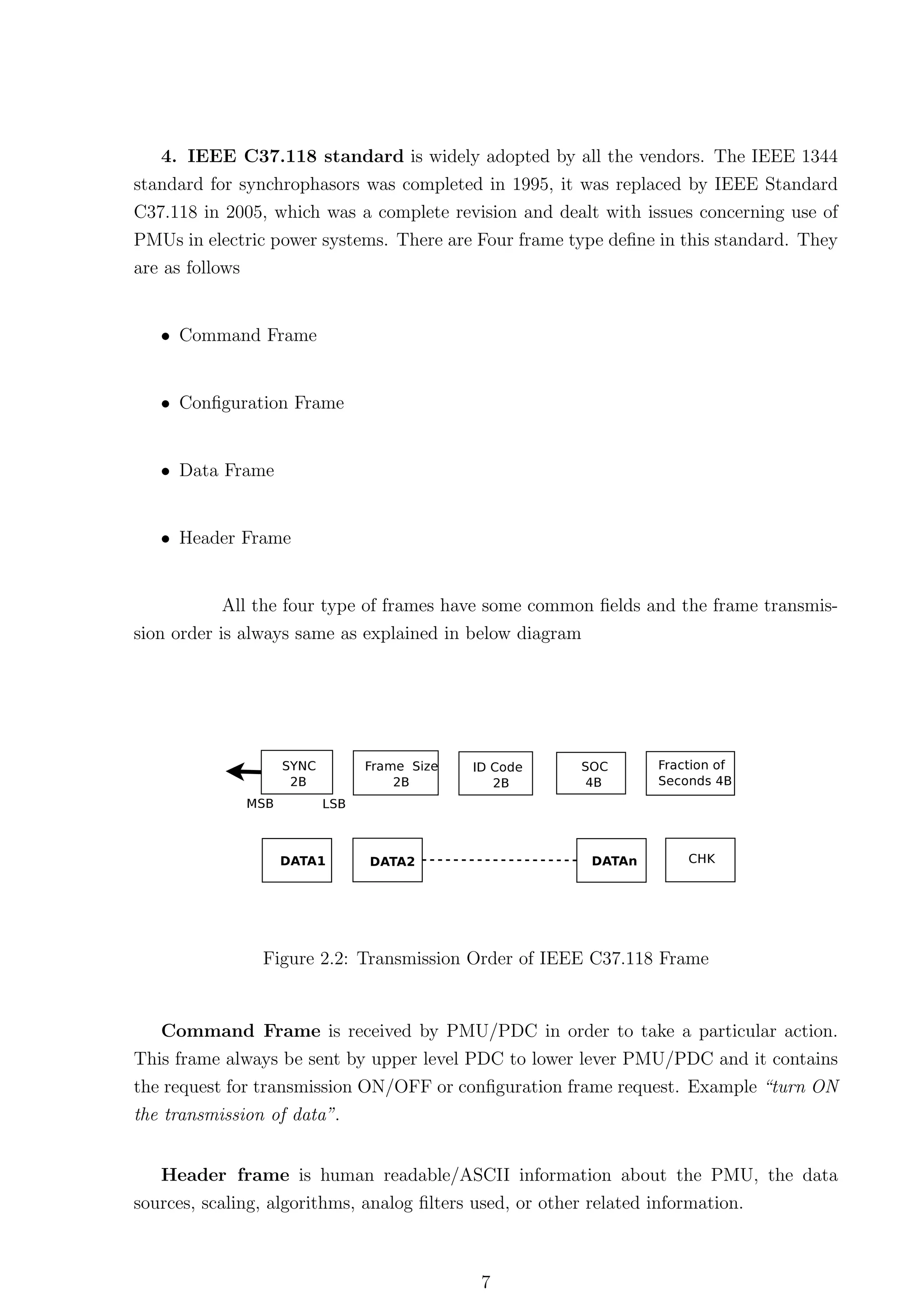 4. IEEE C37.118 standard is widely adopted by all the vendors. The IEEE 1344
standard for synchrophasors was completed in 1995, it was replaced by IEEE Standard
C37.118 in 2005, which was a complete revision and dealt with issues concerning use of
PMUs in electric power systems. There are Four frame type deﬁne in this standard. They
are as follows


   • Command Frame


   • Conﬁguration Frame


   • Data Frame


   • Header Frame


            All the four type of frames have some common ﬁelds and the frame transmis-
sion order is always same as explained in below diagram




                 Figure 2.2: Transmission Order of IEEE C37.118 Frame


   Command Frame is received by PMU/PDC in order to take a particular action.
This frame always be sent by upper level PDC to lower lever PMU/PDC and it contains
the request for transmission ON/OFF or conﬁguration frame request. Example “turn ON
the transmission of data”.


   Header frame is human readable/ASCII information about the PMU, the data
sources, scaling, algorithms, analog ﬁlters used, or other related information.



                                          7
 