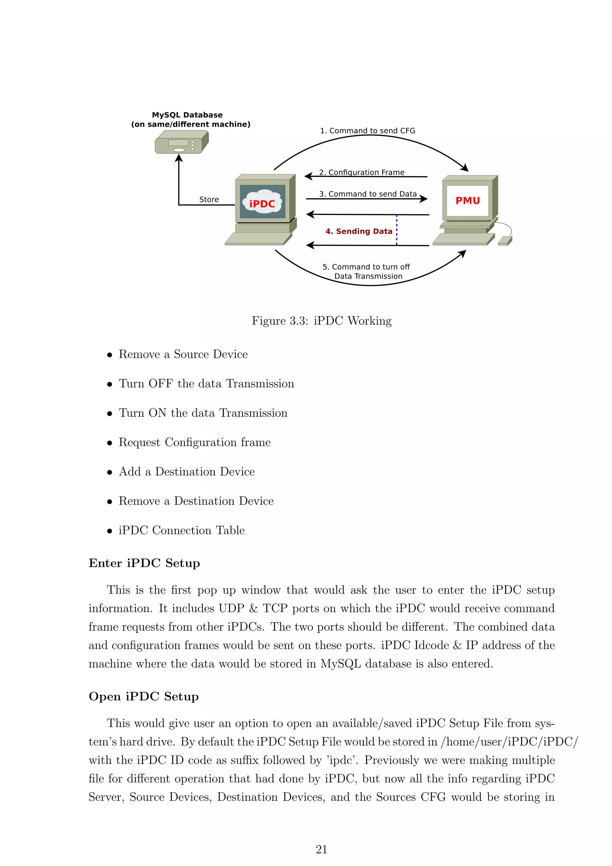 Figure 3.3: iPDC Working

   • Remove a Source Device

   • Turn OFF the data Transmission

   • Turn ON the data Transmission

   • Request Conﬁguration frame

   • Add a Destination Device

   • Remove a Destination Device

   • iPDC Connection Table

Enter iPDC Setup

   This is the ﬁrst pop up window that would ask the user to enter the iPDC setup
information. It includes UDP & TCP ports on which the iPDC would receive command
frame requests from other iPDCs. The two ports should be diﬀerent. The combined data
and conﬁguration frames would be sent on these ports. iPDC Idcode & IP address of the
machine where the data would be stored in MySQL database is also entered.

Open iPDC Setup

   This would give user an option to open an available/saved iPDC Setup File from sys-
tem’s hard drive. By default the iPDC Setup File would be stored in /home/user/iPDC/iPDC/
with the iPDC ID code as suﬃx followed by ’ipdc’. Previously we were making multiple
ﬁle for diﬀerent operation that had done by iPDC, but now all the info regarding iPDC
Server, Source Devices, Destination Devices, and the Sources CFG would be storing in



                                         21
 
