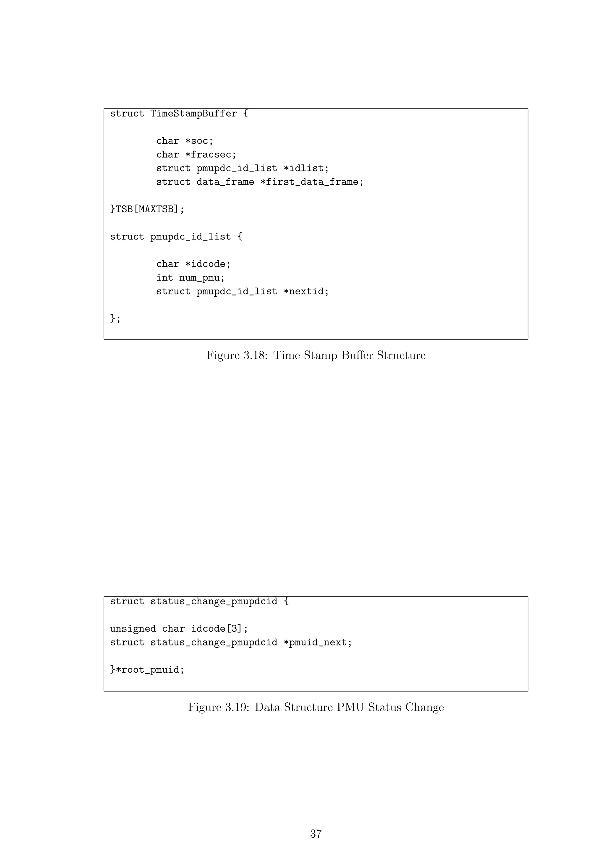struct TimeStampBuffer {

        char *soc;
        char *fracsec;
        struct pmupdc_id_list *idlist;
        struct data_frame *first_data_frame;

}TSB[MAXTSB];

struct pmupdc_id_list {

        char *idcode;
        int num_pmu;
        struct pmupdc_id_list *nextid;

};


                   Figure 3.18: Time Stamp Buﬀer Structure




struct status_change_pmupdcid {

unsigned char idcode[3];
struct status_change_pmupdcid *pmuid_next;

}*root_pmuid;


                Figure 3.19: Data Structure PMU Status Change




                                     37
 