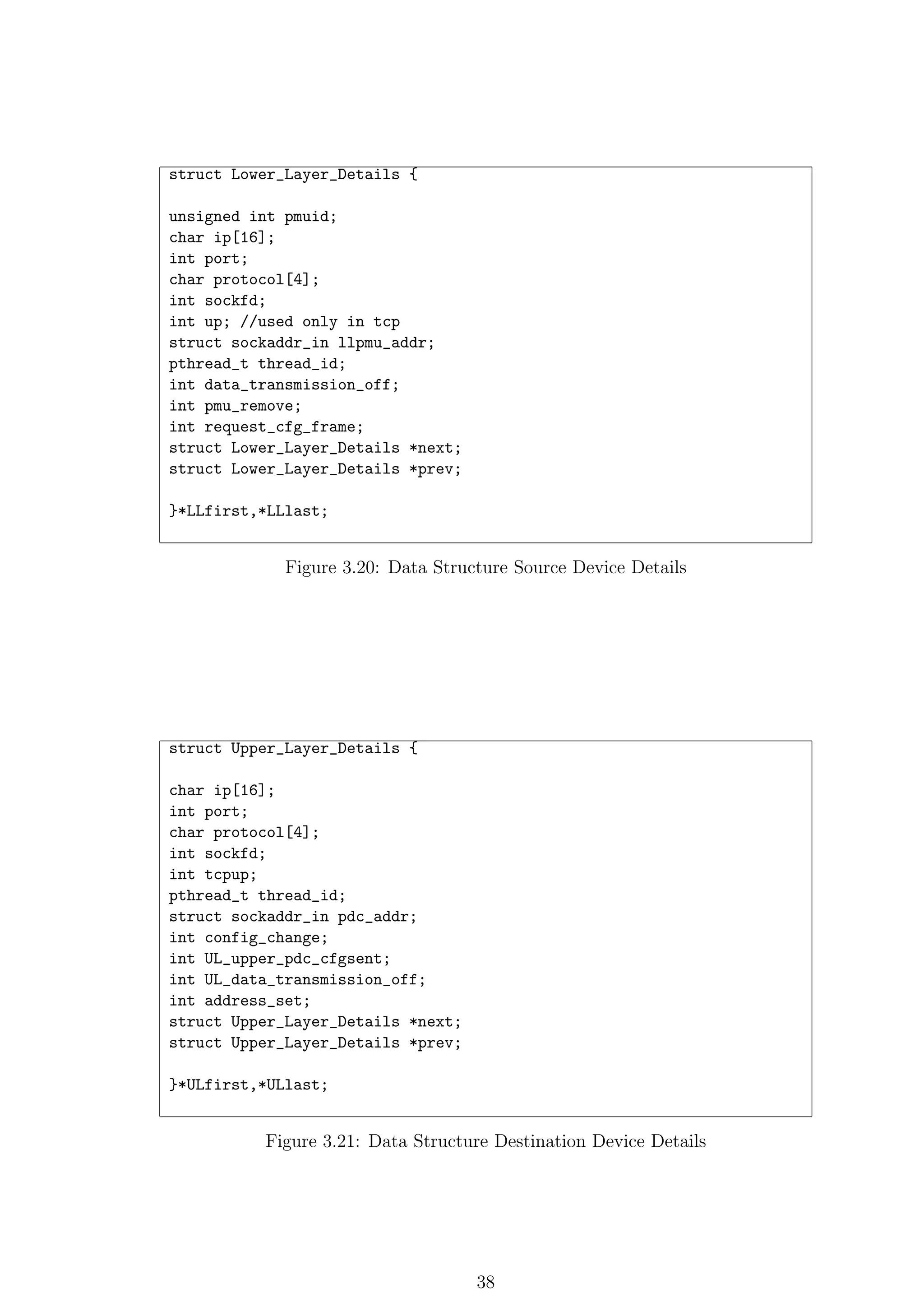 struct Lower_Layer_Details {

unsigned int pmuid;
char ip[16];
int port;
char protocol[4];
int sockfd;
int up; //used only in tcp
struct sockaddr_in llpmu_addr;
pthread_t thread_id;
int data_transmission_off;
int pmu_remove;
int request_cfg_frame;
struct Lower_Layer_Details *next;
struct Lower_Layer_Details *prev;

}*LLfirst,*LLlast;


             Figure 3.20: Data Structure Source Device Details




struct Upper_Layer_Details {

char ip[16];
int port;
char protocol[4];
int sockfd;
int tcpup;
pthread_t thread_id;
struct sockaddr_in pdc_addr;
int config_change;
int UL_upper_pdc_cfgsent;
int UL_data_transmission_off;
int address_set;
struct Upper_Layer_Details *next;
struct Upper_Layer_Details *prev;

}*ULfirst,*ULlast;


          Figure 3.21: Data Structure Destination Device Details




                                    38
 