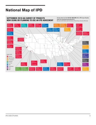 IPD CASE STUDIES 9
National Map of IPD
Healthcare
K-12 Education
Higher Education
Residential
Gov’t/Civic
Retail
Office
Transportation
Other
PROJECT TYPES
SEPTEMBER 2010 AIA SURVEY OF PROJECTS
NOW USING OR PLANNING TO USE AN IPD AGREEMENT
Survey done for the AIA/AIA-MN/UMN 2011 IPD Case Studies
www.aia.org/ipdcasestudies2011.
Map drawn by Kai Salmela under the direction of Renée Cheng, University of Minnesota
55,000 sf
Goleta, CA
$10-25 million
114,000 sf
Bamberg, SC
$10-25 million
63,000 sf
Central City, NE
$10-25 million
55,000 sf
Newport Beach,
CA
$25-50 million
9,000 sf
Pasco, WA
$5-10 million
14 miles; 50+
bridges
Alexandria, VA
$100 million +
undisclosed size
Arlington, TX
$50-100 million
100,000 sf
Beachwood, OH
$10-25 million
20,000 sf
Minneapolis, MN
< $5 million
80,000 sf
Flint, MI
$25-50 million
44,352 sf
Fint, MI
$10-25 million
450,000 sf
Pocatello, ID
$50-100 million
20,000 sf
Concord, MI
< $5 million
500,000 sf
Chicago, IL
> $100 million
4,000 sf
Sioux Falls, SD
< $5 million
10,000 sf
Stafford, TX
< $5 million
340,000 sf
Madison, WI
> $100 million
220,000 sf
Golden, CO
$50-100 million
undisclosed size
Rocky RIver, OH
$50-100 million
400,000 sf
Lancaster, PA
$50-100 million
6000 sf
Bedford, VA
< $5 million
80,000 sf
Bellevue, WA
$50-100 million
66,000 sf
Saint Peters, MO
$10-25 million
125,000 sf
Bellevue WA
$25-50 million
undisclosed size
Pasadena, CA
> $100 million
250,000 sf
Oakland, CA
> $100 million
900,000 sf
San Francisco, CA
> $100 million
undisclosed size
Sacramento, CA
> $100 million
68,000 sf
Carmel, IN
$25-50 million
80,000 sf
Fishkill, NY
$10-25 million
610,000 sf
Fort Riley, KS
> $100 million
300,000 sf
Madison, WI
> $100 million
781,000 sf
Owensboro, KY
> $100 million
26,000 sf
Fairfax, VA
< $5 million
15,000 sf
Tarzana, CA
$5-10 million
900,000 sf
San Francisco, CA
> $100 million
260,000 sf
Los Angeles, CA
$50-100 million
82,000 sf
Barstow, CA
$25-50 million
500,000 sf
Portland, OR
> $100 million
620,000 sf
Issaquah, WA
> $100 million
9,000 sf
Palm Desert, CA
< $5 million
82,000 sf
Davis, CA
$25-50 million
3,000 sf
El Cerrito, CA
< $5 million
800,000 sf
San Francisco
> $100 million
200,000 sf
Cedar Rapids, IA
$25-50 million
154,000 sf
Peoria, IL
$25-50 million
 
