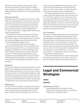 PROJECT
Cathedral Hill Hospital  
OWNER
California Pacific Medical Center
ARCHITECT
SmithGroup
CONTRACTOR
HerreroBoldt
14
Furthermore, 60.9% of individuals had previously worked
with other team members. This past experience was likely a
factor in organizations’ willingness to embark on an integrated,
collaborative delivery model, still a very new model with several
unknowns.
Multi-party Agreement
This project used a multi-party agreement, see Contract. While
60.9% of survey participants were aware their firms entered into
a multi-party agreement, 26.6% were unsure. Also important
to note, 12.5% responded incorrectly that the project did not
have a multi-party agreement. Of the 60.9% who were aware,
they perceived that the contract positively affected (Mean =
2.67, where 3=positive effect, -3=negative effect) their trust and
respect for project partners.
Of the 26.6% that were not sure if the project had a multi-
party agreement, 64.7% represent the contractor (trade) and
23.5% represent engineers. Generally those unsure were in lower
level positions including project production/technical staff
(41.2%) or field and labor managers (17.6%).
The 12.5% of participants that incorrectly answered
represented the contractor (trade; 75%). Surprisingly, of those
that incorrectly responded, 87.5% were at or above the project
management level (Executive 37.5%; Senior Manager 12.5%;
Project Manager 37.5%). Given that many represented trade
contractors, it could be that these representatives were not
included in the 9 party IFOA but there is no data to verify that
possible explanation.These findings may also indicate a lack
of communication to the larger team, particularly to the trade
contractors.
Risk/Reward
This team had a shared risk/reward pool on this project, see Risk/
Reward. An overwhelming majority of participants were aware
of this strategy, with 94.8% aware, only 5.2% not sure, and none
answered incorrectly. This indicates that this strategy was widely
and effectively communicated, more than any other contractual
term. Survey participants perceived that the shared risk/reward
incentives positively affected (Mean=2.4, where 3=positive effect,
-3=negative effect) their trust and respect for project partners.
Liability Waivers
This team had waivers on liability, see Liability. This strategy was
not well communicated to the team with 58.6% of participants
unsure and 10.3% incorrectly answering that there were no
limits on liability. Only 31% of participants were aware of this
strategy and were broadly distributed among contract parties.
They perceived that the liability waivers positively affected
(Mean=2.24, where 3=positive effect, -3=negative effect) their
trust and respect towards the other contracting parties.
The majority of participants (58.6%) were unsure of this
strategy and primarily represented the contractor (trade, 44.1%;
GC or CM, 32.4%), engineers (14.7%), and the owner (5.8%;
note this represents 100% of the owners surveyed). The 10.3%
of participants that incorrectly answered there was no limits to
liability represented the contractor (GC or CM, 50%; trade, 50%).
These results indicate these questions were unclear or the limits
to liability were not well understood among the participants,
regardless of contract party or job level.
Fiscal Transparency
This project was fiscally transparent between contracting parties,
see Transparency, and widely displayed visual metrics of cost
targets throughout the workplace, see Implementation. Survey
data indicated that 67.2% of participants were aware of the fiscal
transparency, while 27.6% were not sure and 5.2% answered
incorrectly that there was no fiscal transparency. Of the 67.2%
that were aware of the transparency, the majority represented the
contractor (GC or CM, 43.6%; trade, 38.5%) and they perceived
the strategy to have a positive effect (Mean = 2.34, where
3=positive effect, -3=negative effect) on their trust and respect
towards the other contracting parties.
Of the 27.6% of participants that were unsure of this strategy,
the majority represented the contractor (trade, 37.5%; GC or
CM, 25%), followed by engineers and architects (18.8% each).
Legal and Commercial
Strategies
Contract
Single Multi-party Contract
• Integrated Agreement for Lean Project Delivery
		 Between Owner, Architect & CM/GC – also referred as 		
		 Integrated Form of Agreement (IFOA)
 